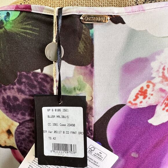 Cristinaeffe Women's Floral Lilac Short Sleeve Stretch Top Blouse Sz 42/6 Italy - Picture 6 of 14